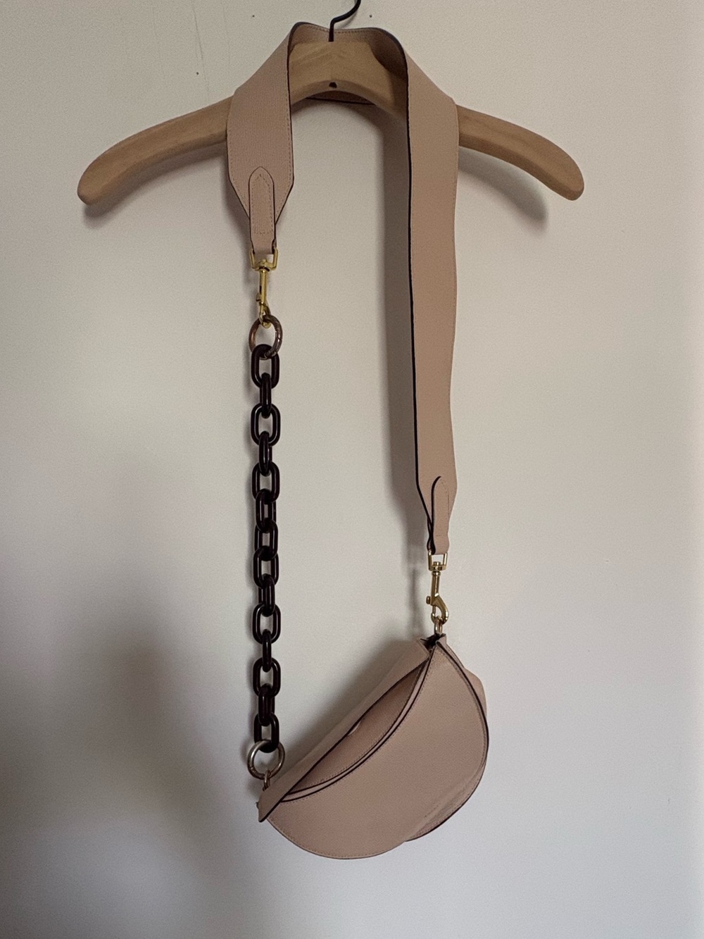 YUZEFI Nude Beige Crescent Crossbody with Chain and Wide Strap